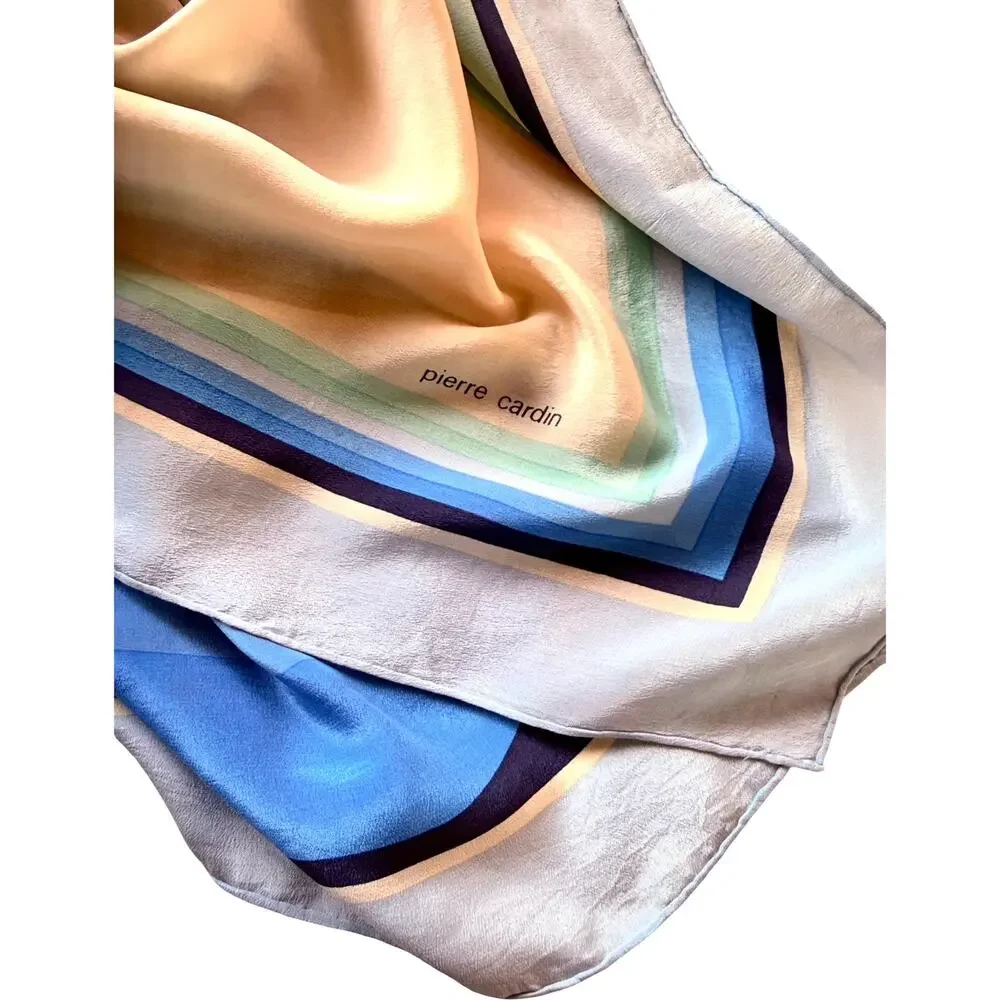 Vintage Pierre Cardin Silk Scarf 30” Navy Blue Geometric Op Art 1970s Designer